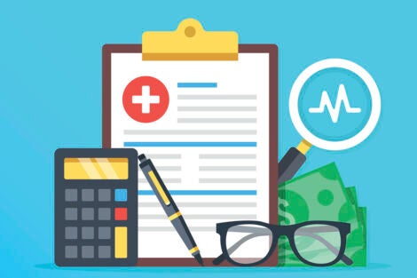 Illustration: Health insurance, healthcare concept. Health insurance form, calculator, pen, glasses, money, magnifier.