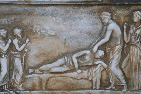Ancient Greek marble relief depicting treatment of ill woman