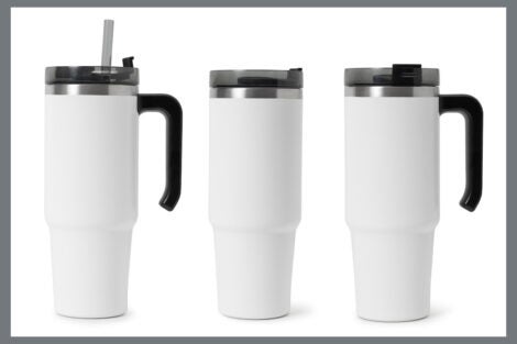 Steel thermo tumblers on white background