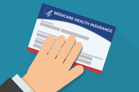 A hand presents a Medicare card on a blue background in flat design style