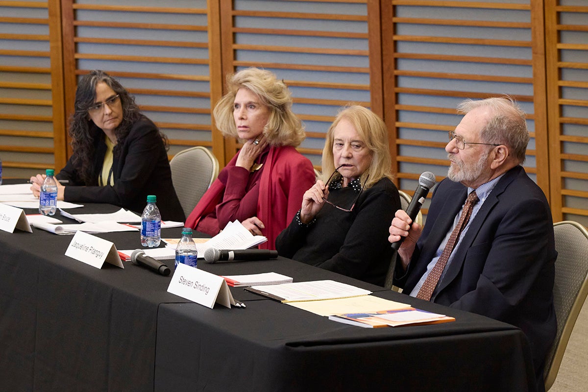 Panelists, from left: Marcia Castro, chair of Harvard Chan's Department of Global Health and Population; Judith Bruce of The Population Council; Jacqueline Pitanguy of Citizenship, Studies, Information, Action (CEPIA); and Steven Sinding, director general emeritus of the International Planned Parenthood Federation