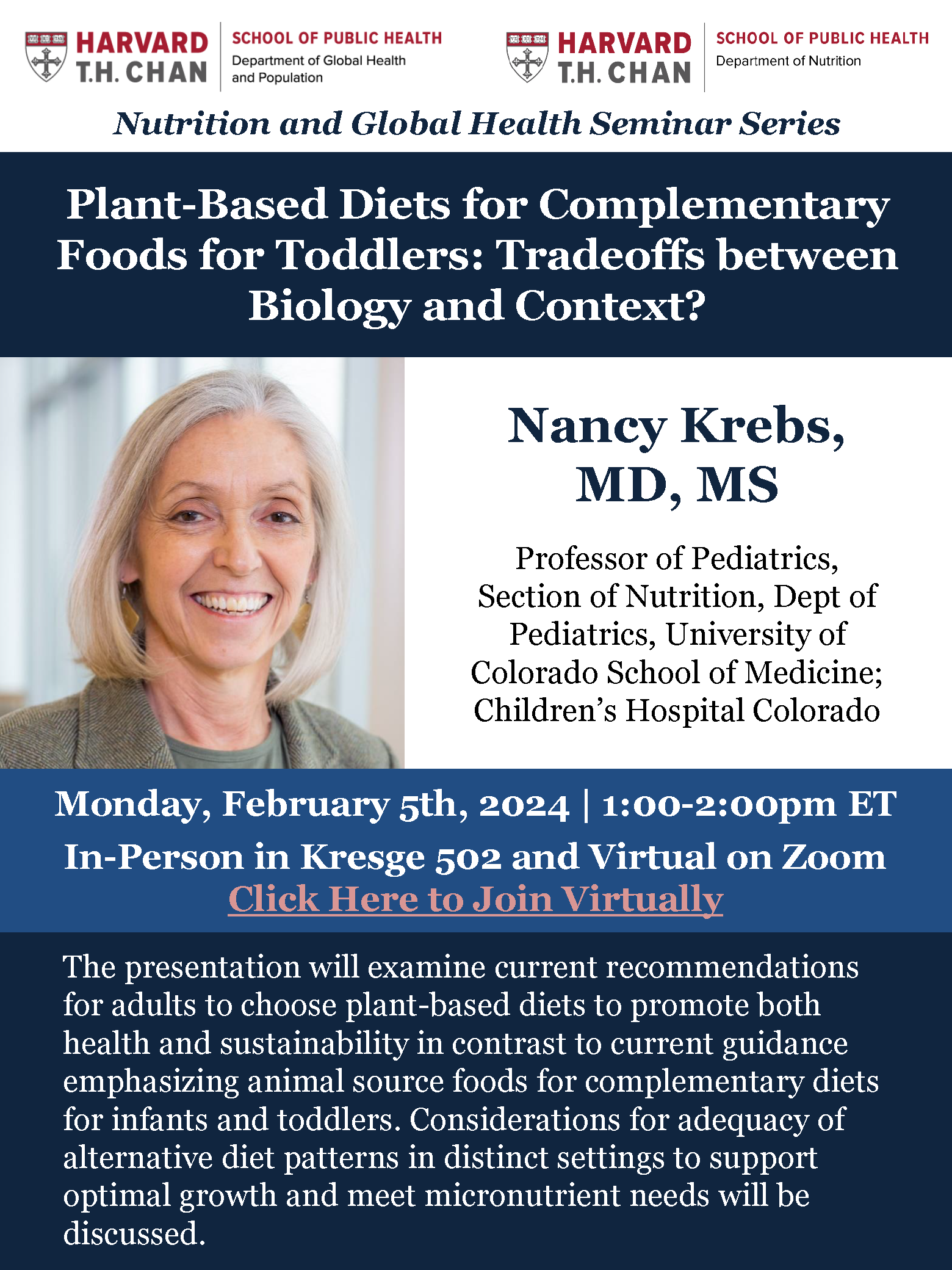 Nancy Krebs Monday Seminar Flyer; In-person in Kresge 502 or Virtual On Zoom