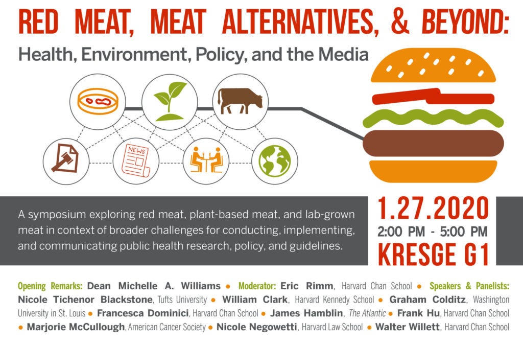 Red Meat, Meat Alternatives and beyond: health, environment, policy, and the media. A symposium exploring red meat, plant-based meat, and lab-grown meat in context of broader challenges for conducting, implementing, and communicating public health research, policy, and guidelines. Opening Remarks: Dean Michelle A. Williams ● Moderator: Eric Rimm, Harvard Chan School ● Speakers & Panelists: Nicole Tichenor Blackstone, Tufts University ● William Clark, Harvard Kennedy School ● Graham Colditz, Washington University in St. Louis ● Francesca Dominici, Harvard Chan School ● James Hamblin, The Atlantic ● Frank Hu, Harvard Chan School ● Marjorie McCullough, American Cancer Society ● Nicole Negowetti, Harvard Law School ● Walter Willett, Harvard Chan School.