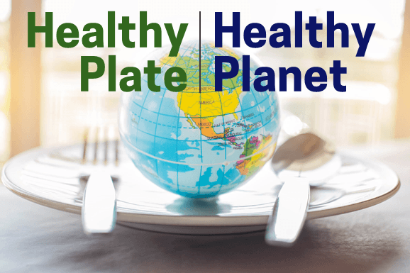 a globe on a plate with a fork and spoon with text overlaid Healthy Plate, Healthy Planet