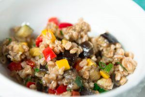 Farro with roasted confetti vegetables