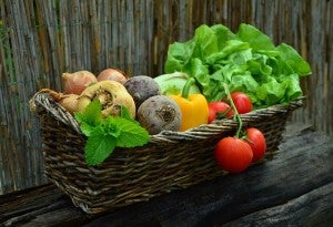 basket of vegetables including tomatoes bell peppers onions lettuce mint