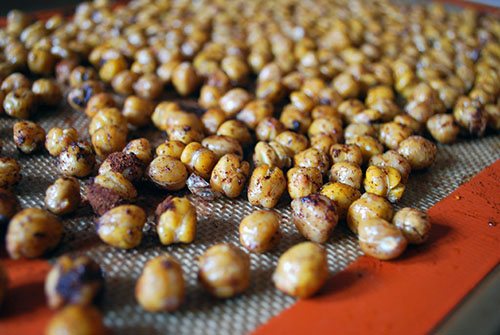 Oven roasted spiced chickpeas on baking tray