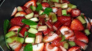 strawberry and rhubarb combined in a bowl