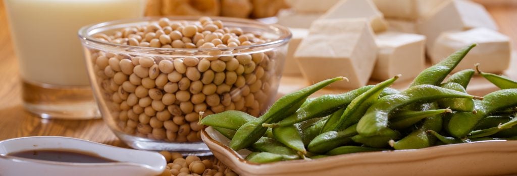 a variety of soy foods, including: soybeans, edamame, soy sauce, tofu, tempeh, soy milk