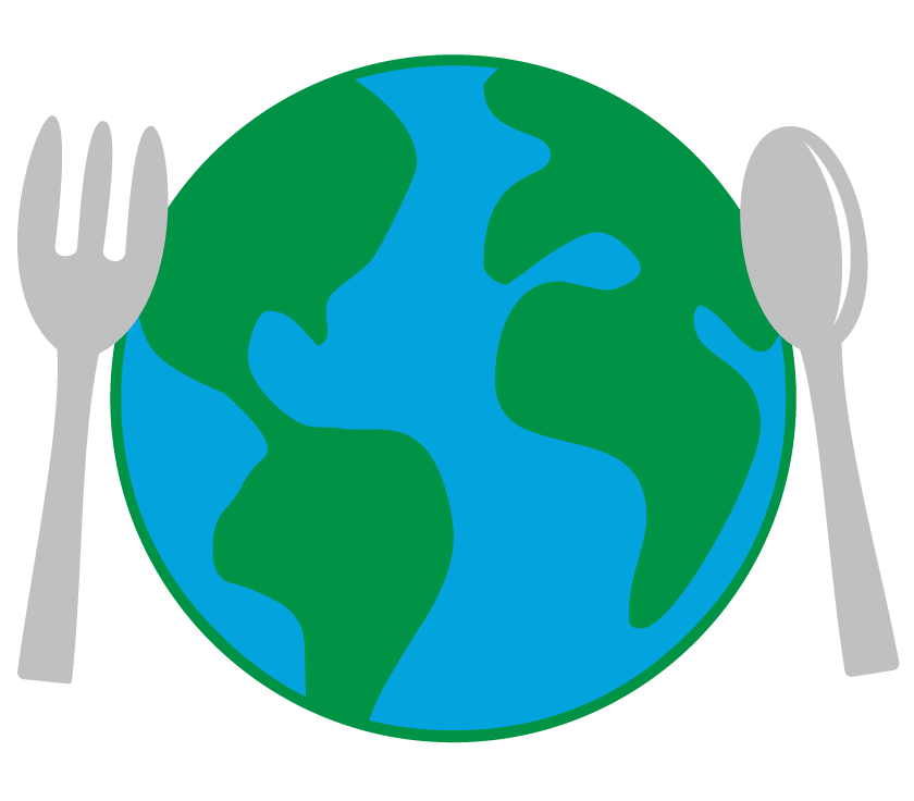 Icon of a globe with a fork and spoon on the sides; representing eating sustainably for the planet's health