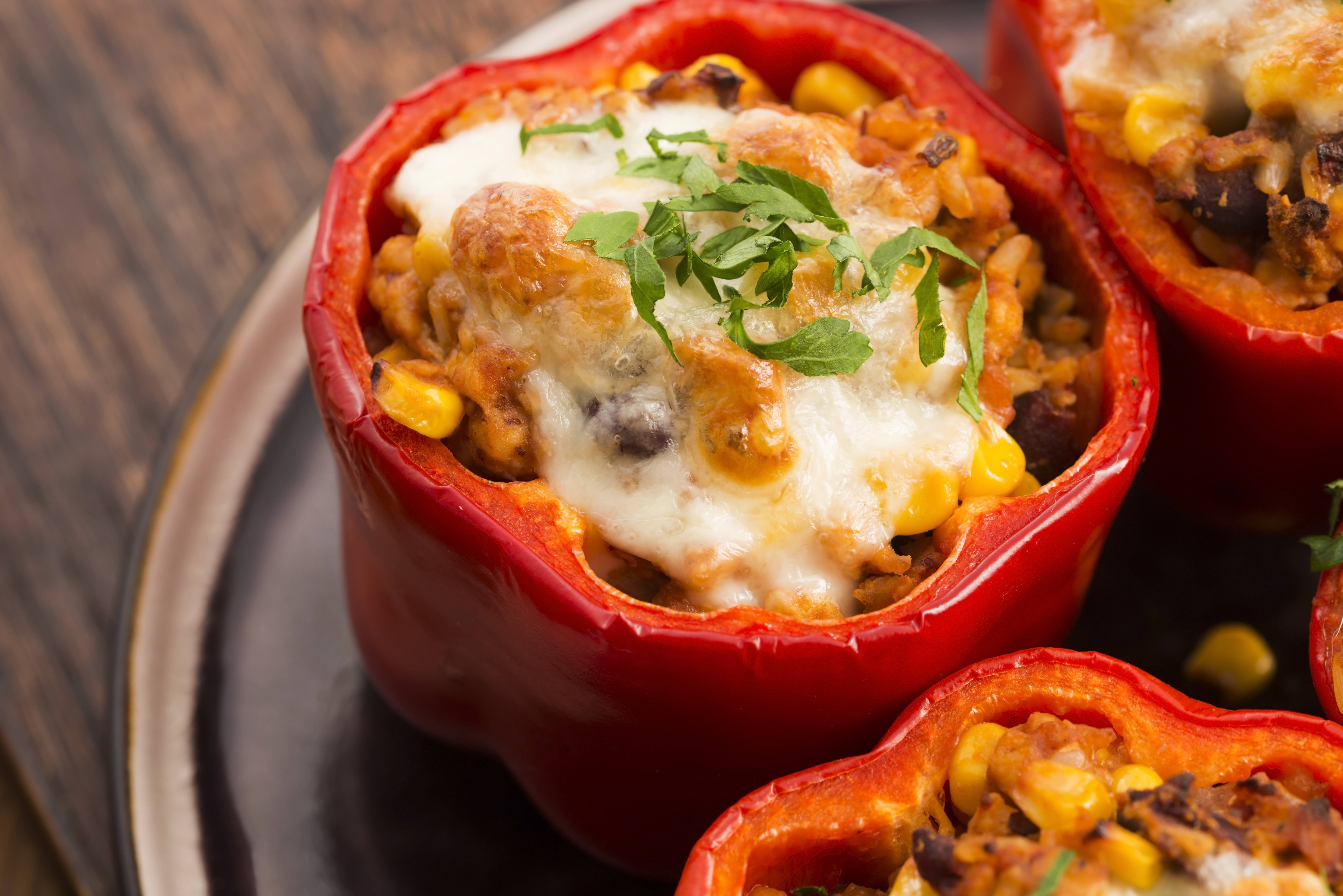 Stuffed pepper with cheese black beans corn chicken