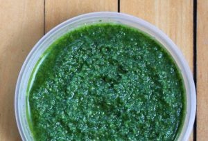 bright green pesto made with basil, spinach, and walnuts