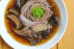 A bowl of Wild Mushroom Soup with Soba