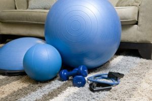 home exercise equipment including weights, resistance bands, medicine balls