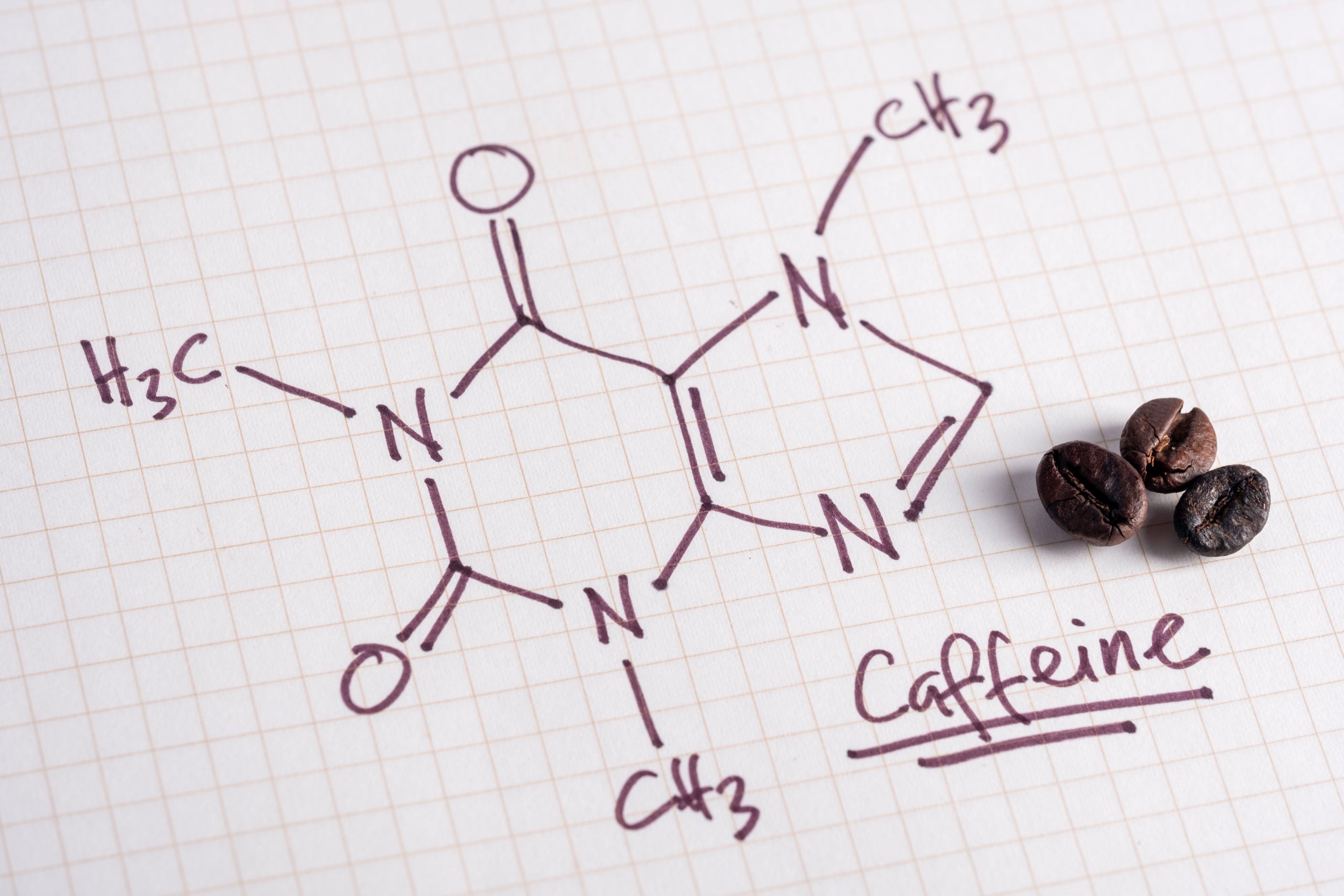 chemical formula for caffeine with three coffee beans on the side