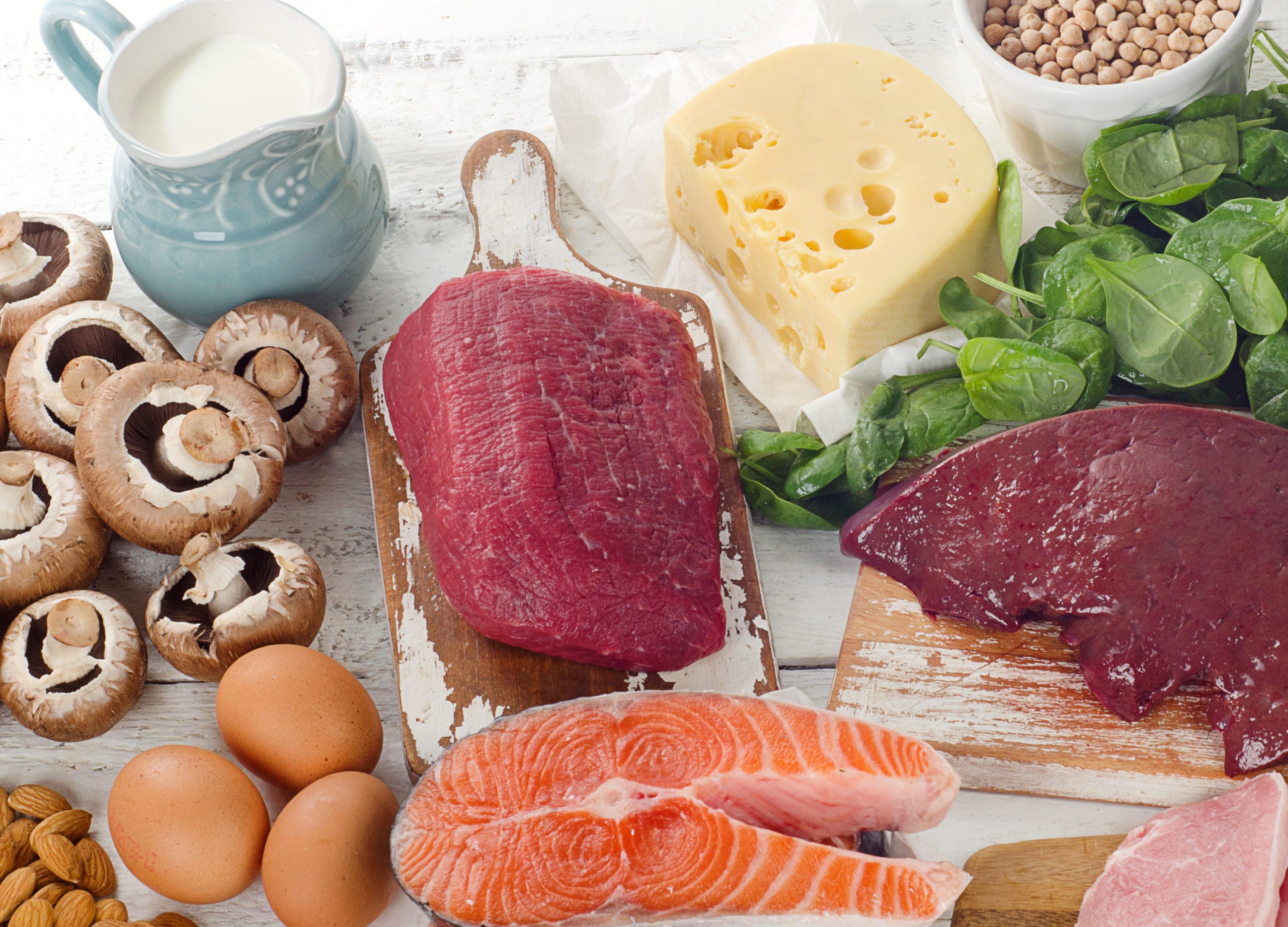 foods high in vitamin B2, including milk yogurt eggs salmon organ meats cheese spinach beans mushrooms
