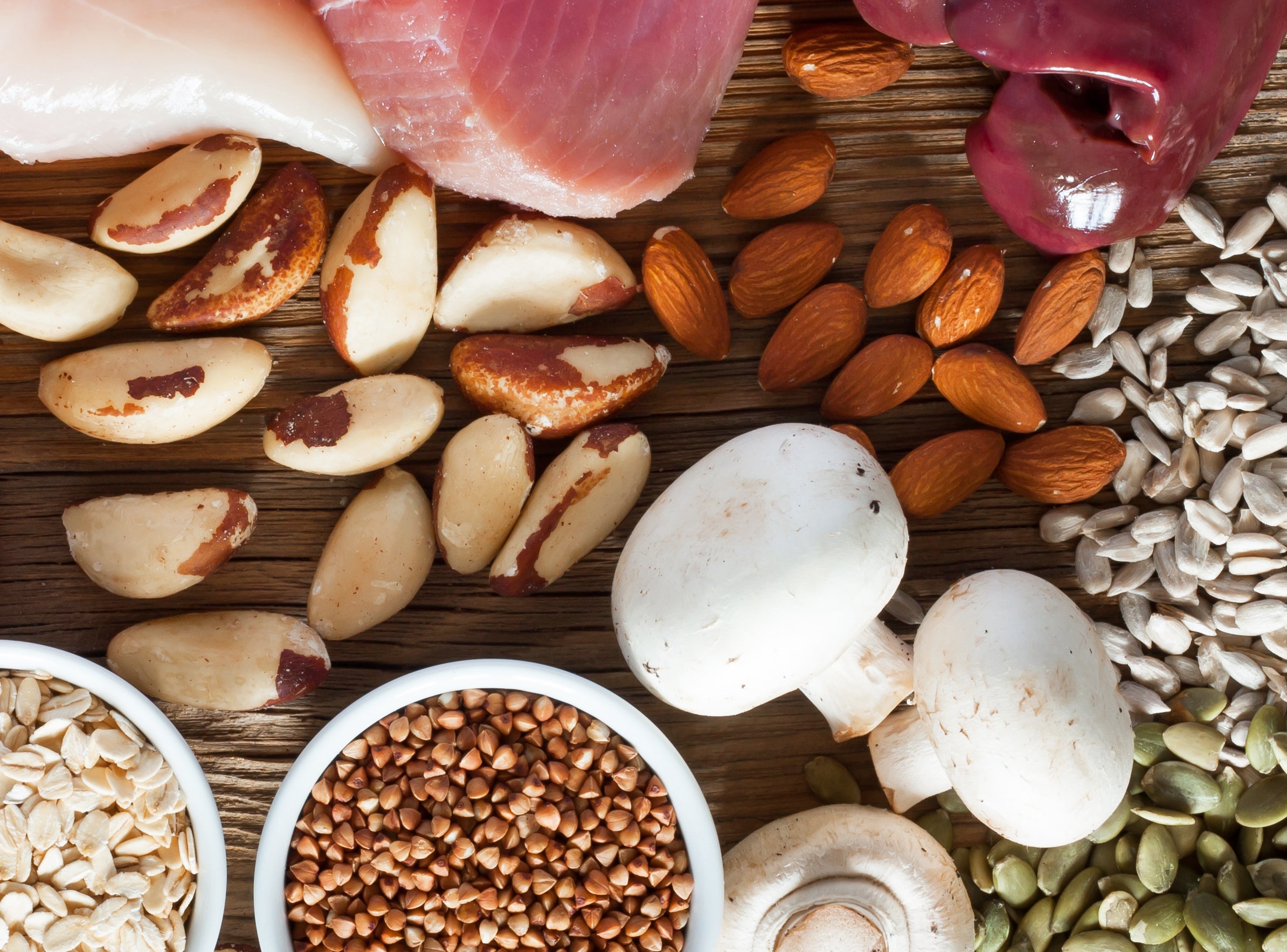Foods high in vitamin b12 or pantothenic acid, including mushrooms, nuts (such as almonds, brazil nuts) pumpkin seeds, sunflower seeds, liver, poultry, fortified grains