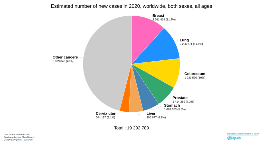 Pie chart showing estimated number of cancer cases in 2020, worldwide