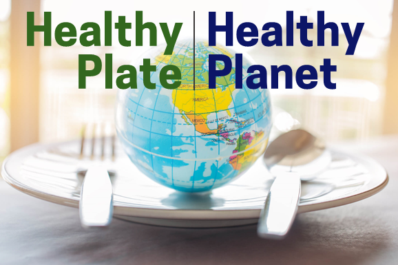 a globe on a plate indicating healthy plate healthy planet