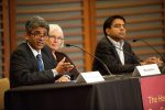 Subu Subramanian, Mary C. Waters, and Amitahb Chandra sit on panel during symposium