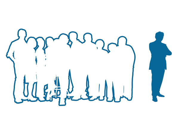 Outline of people, with one person outside of group