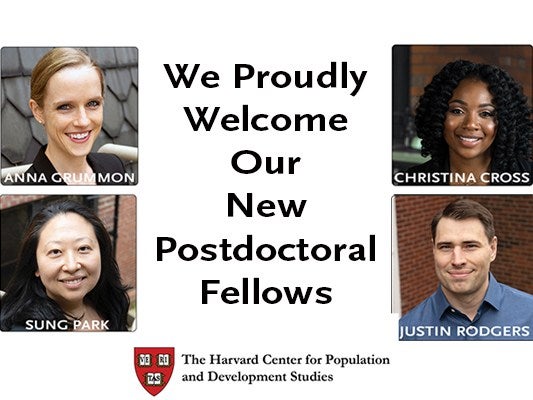 Photos of Anna Grummon, Christina Cross, Sung Park, and Justin Rodgers with the text "We proudly welcome our new postdoctoral fellows"