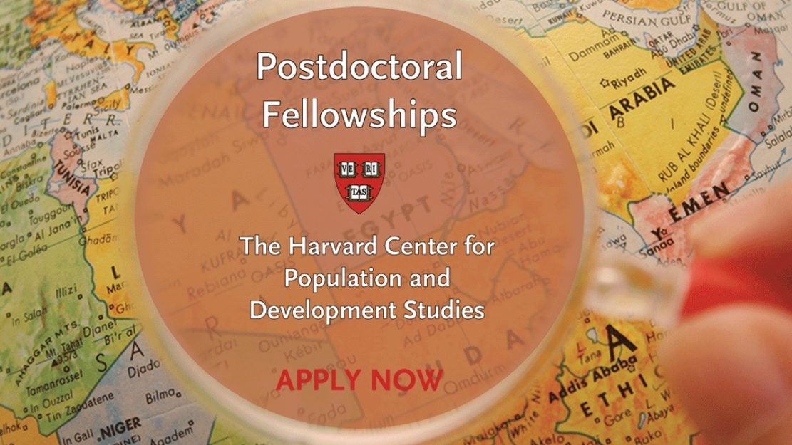 Map of countries with a magnifying glass hovering over them with the Harvard Pop Center logo and Apply Now for Postdoctoral Fellowships