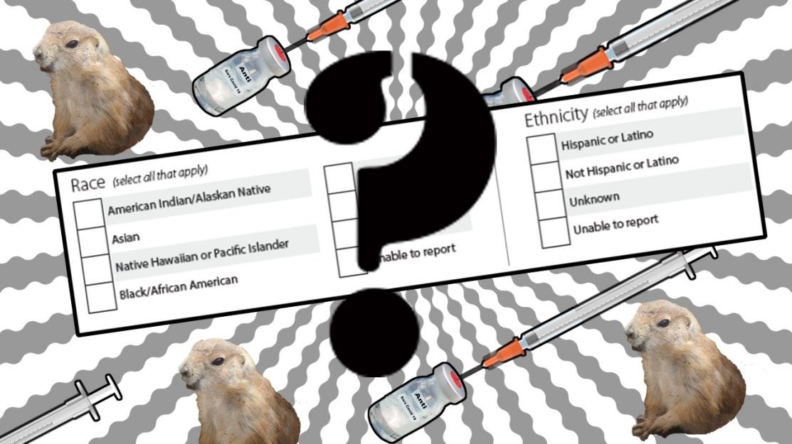 Collage with COVID-19 vaccines, race and ethnicity form with a question mark
