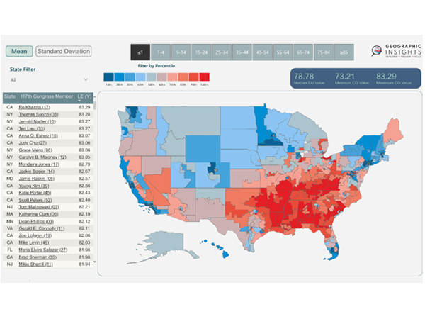 Dashboard showing life expectancy by U. S. Congressional District