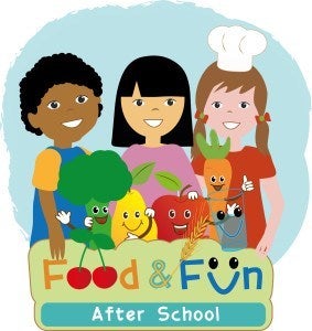 Food and Fun After School logo, showing cartoon of three kids and smiling vegetables