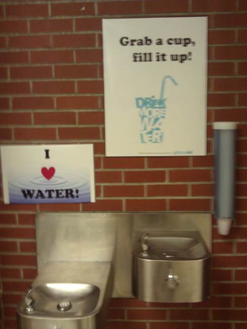 Grab a cup, fill it up promotional posters hanging above water fountains