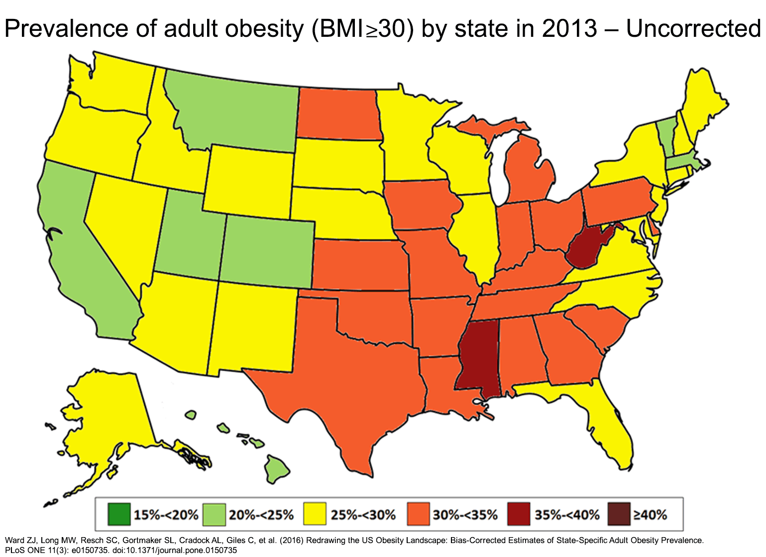 Animated maps showing rates of adult obesity becoming progressively higher throughout all states in the United States