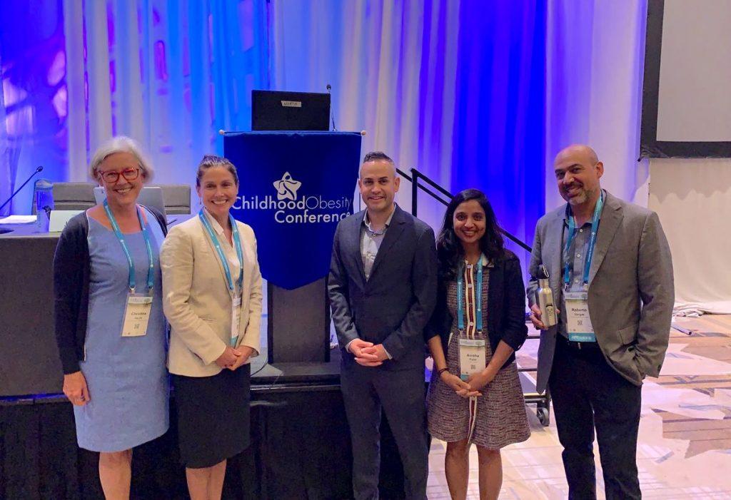 From left to right: Dr. Christina Hecht, Dr. Angie Cradock, Jake Ferreira, Dr. Anisha Patel, and Mr. Roberto Vargas prior to their plenary session at the 10th Biennial Childhood Obesity Conference
