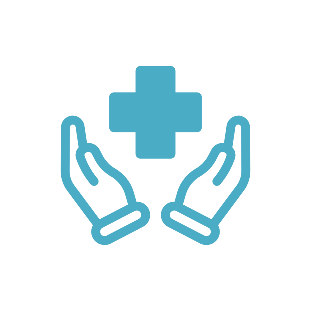 Teal green/blue icon of two hands holding the health care cross