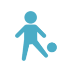 Teal green/blue icon of a child kicking a ball