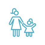 Teal green/blue icon of a mother and daughter holding hands
