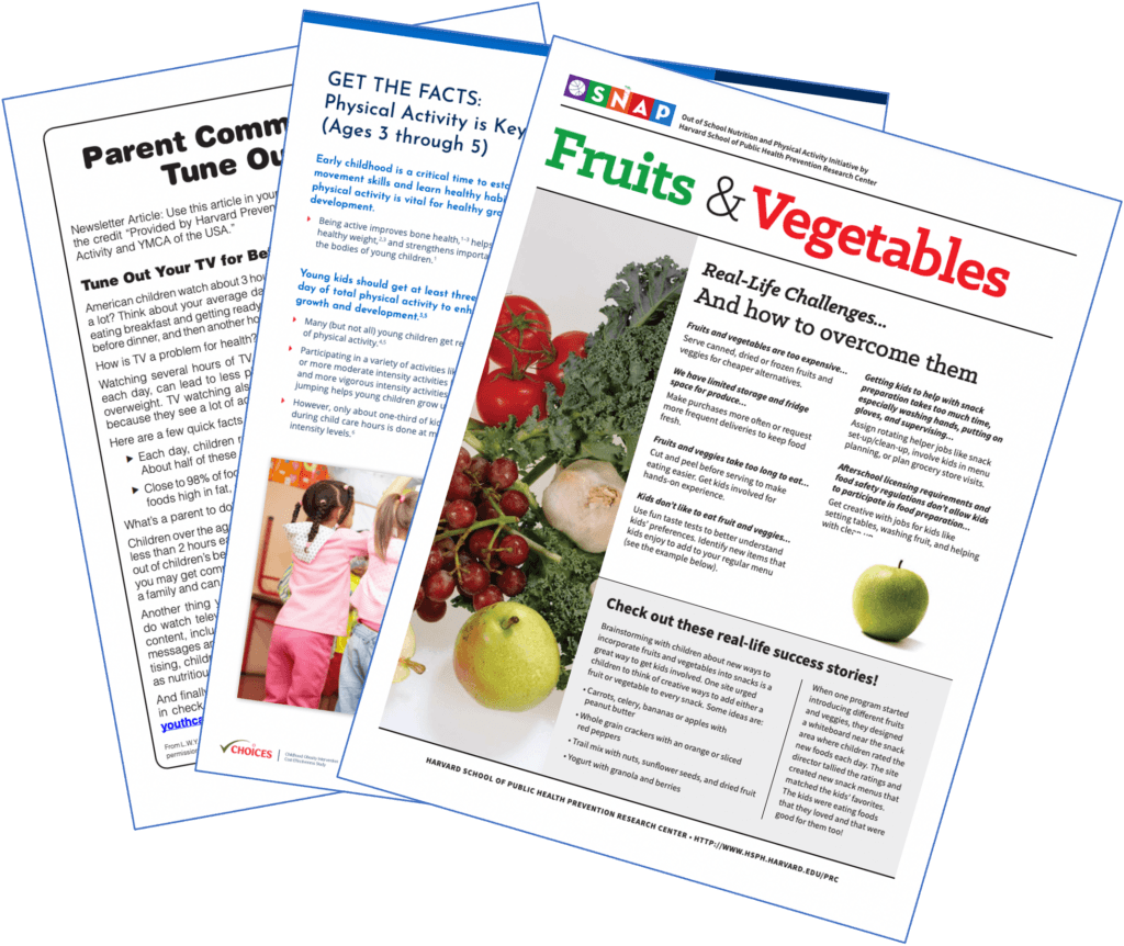 Examples of three resource documents from the Prevention Research Center on Nutrition and Physical Activity at the Harvard T.H. Chan School of Public Health