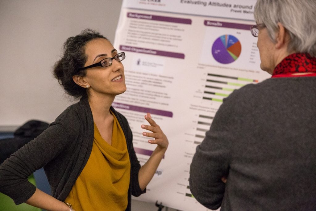 MPH 2016 candidate Preeti Mehrotra, MD, describes her findings with Nancy Turnbull. Preeti's project, Evaluating Attitudes around Contact Precautions, was conducted at Beth Israel Deaconess Medical Center.