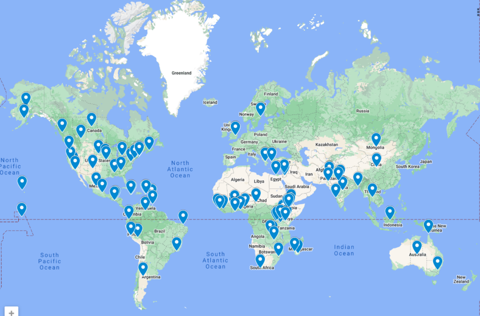 World map identifying all of the Rose Service Learning Fellowship sites