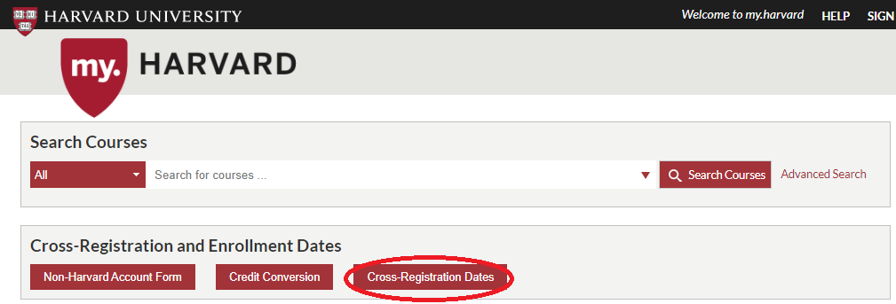 Select "Cross-Registration Dates" on Harvard Course Catalog page