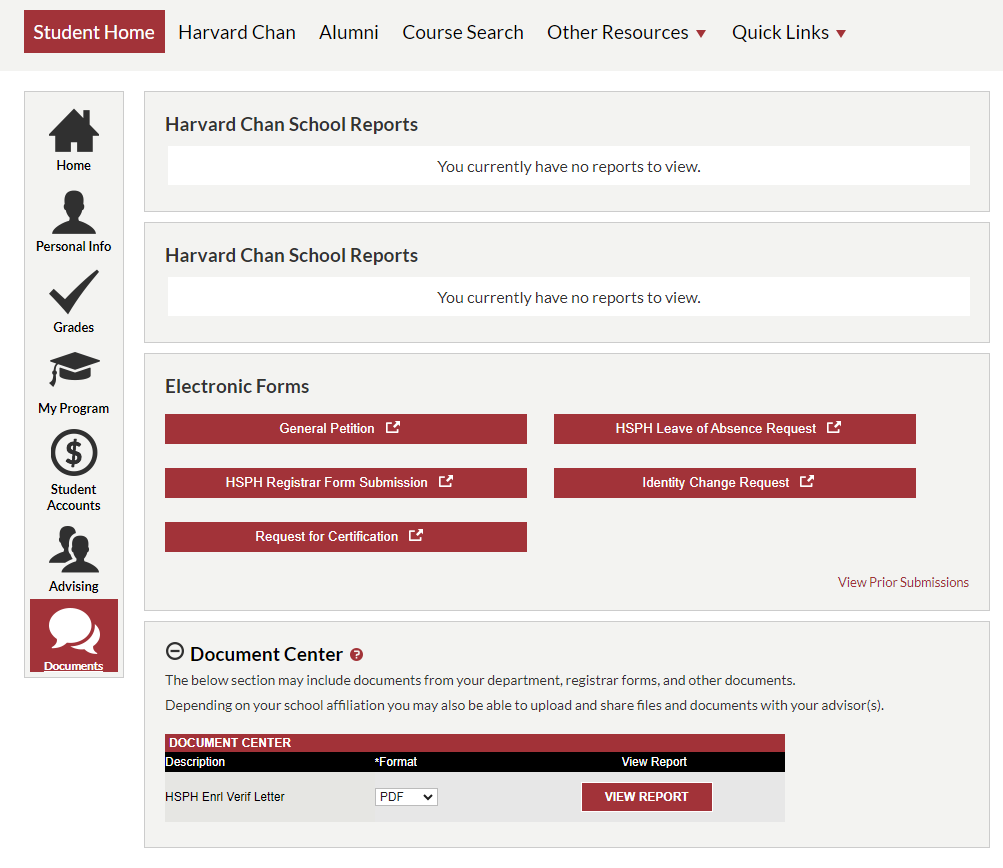 my.harvard portal Enrollment Verification Request screenshot