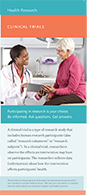 Cover of brochure for "What is a Clinical Trial". Person in lab coat talking to a women in a medical setting.