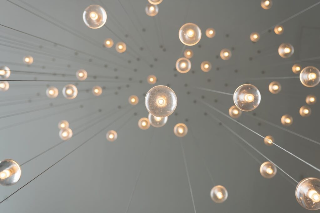 Light bulbs suspended from ceiling