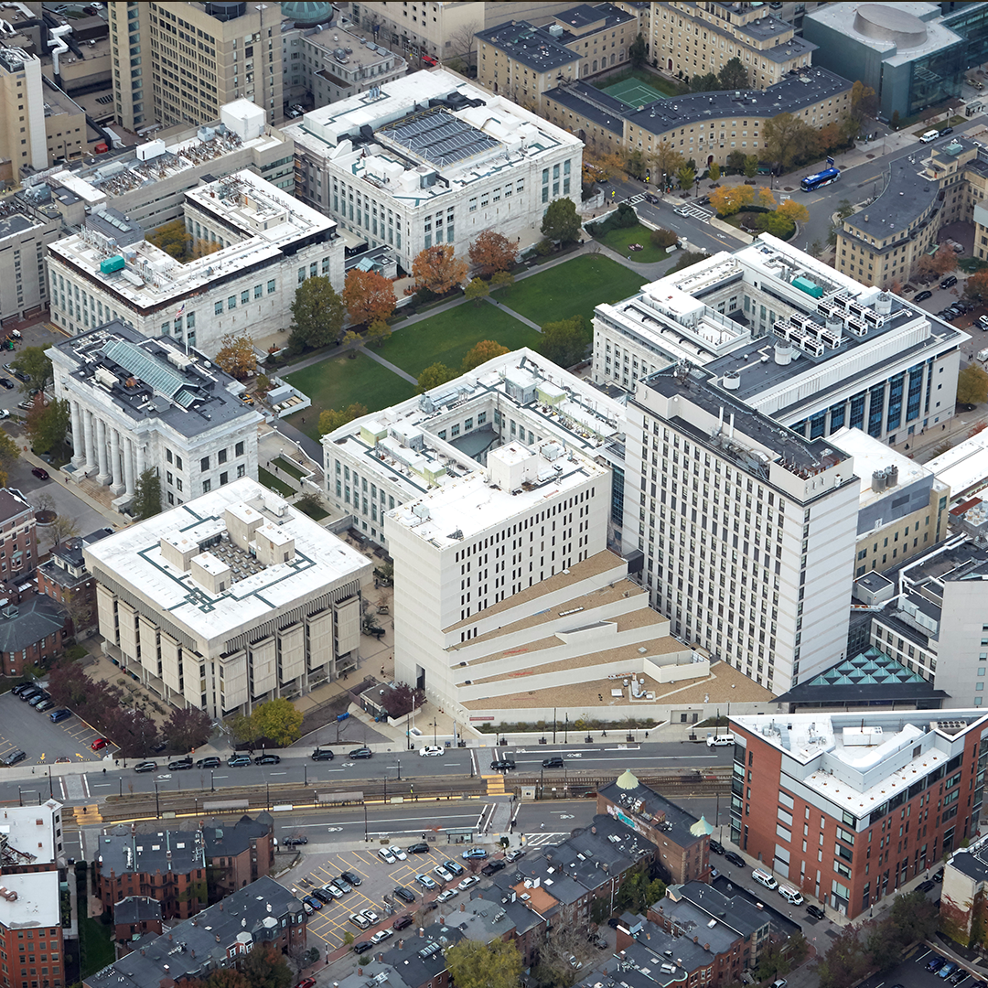 Aerial view of the Harvard campus in Longwood.