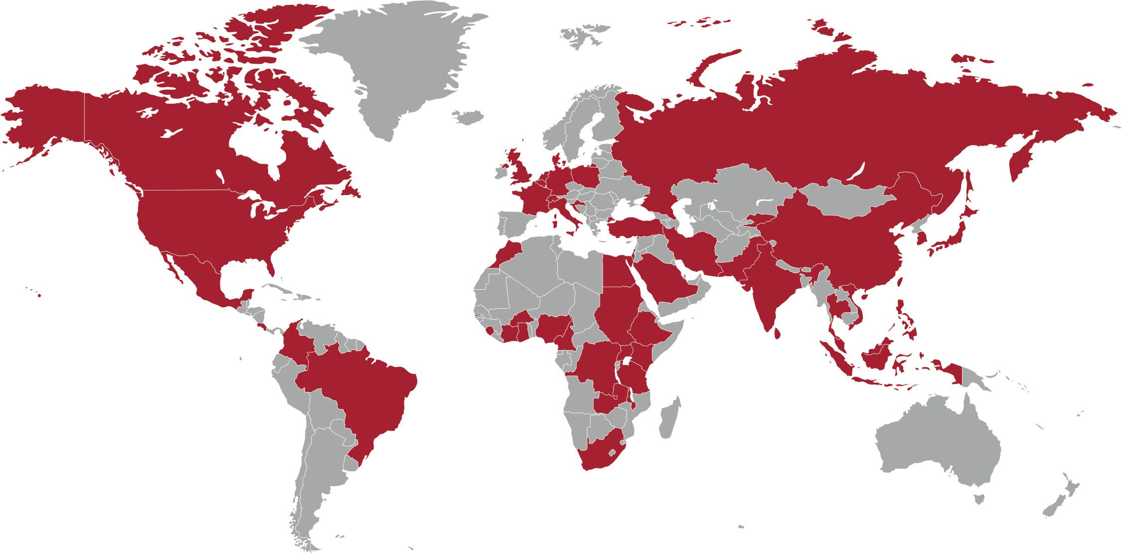 Map of the world that highlight the countries of the past Takemi Fellows