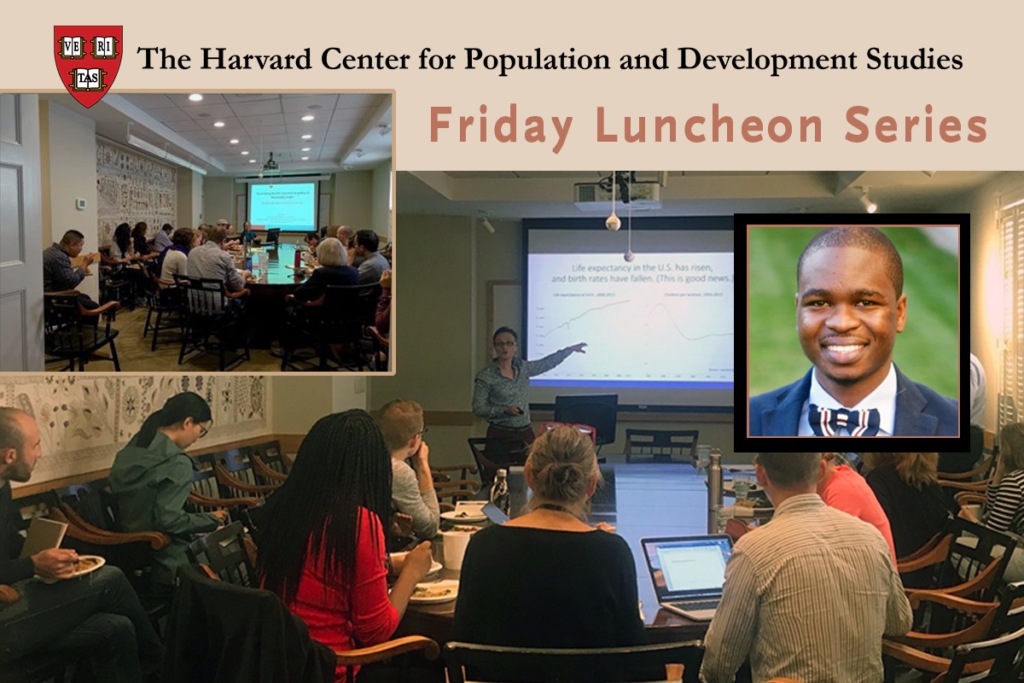 Collage of Friday Seminars at the Harvard Pop Center along with speaker Adedotun Ogunbajo's head shot