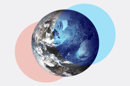 Blue and red circles overlapping an image of the Earth from space
