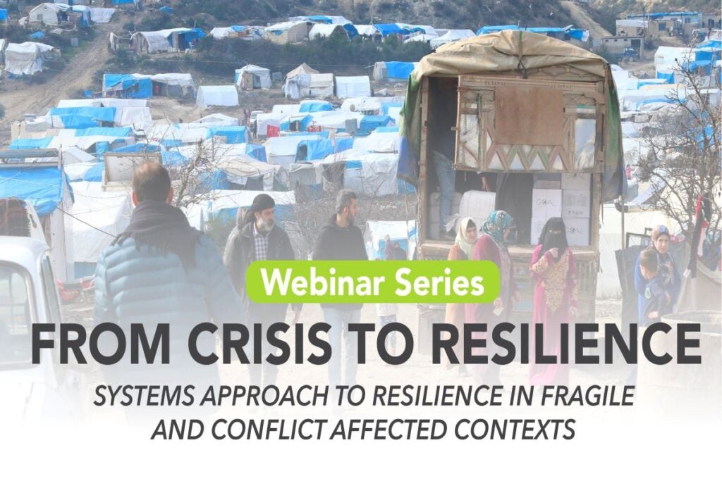 Title of webinar series on a faded background of refugee tents and a large truck carrying supplies in the forefront