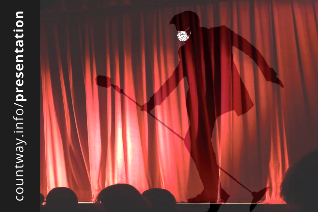 The silhouette of a man with a white face mask holding a microphone stands in front of a red curtain. The text "countway.info/presentation" is written vertically to the left.