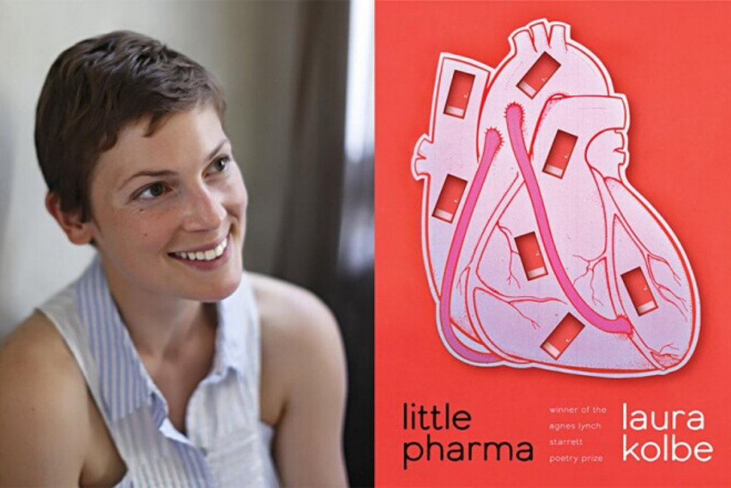 Photo of author Laura Kolbe on the left, and cover image of the book "Little Pharma" on the right. The book cover features an image of a human heart drawn in pink over an orange background.